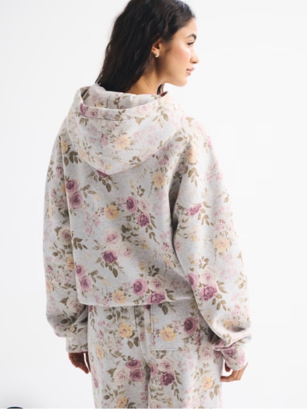 NWT Abercrombie &Fitch Floral Hooded Sweatshirt Light Gray W Dusty Rose S & M - Picture 4 of 8